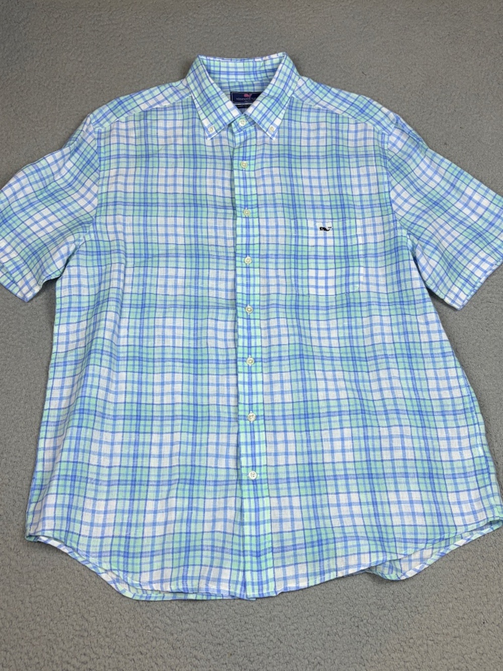 Vineyard Vines Linen Shirt Mens XL Blue Green Classic Fit Tucker Short Sleeve
